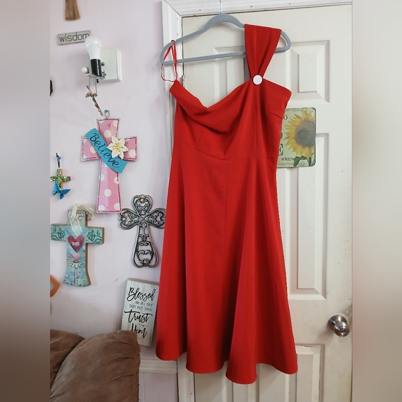Tatyana Dresses & Skirts - Tatyana Bettie Page Size 4x Red One Shoulder Swing Dress White Button UNICORN